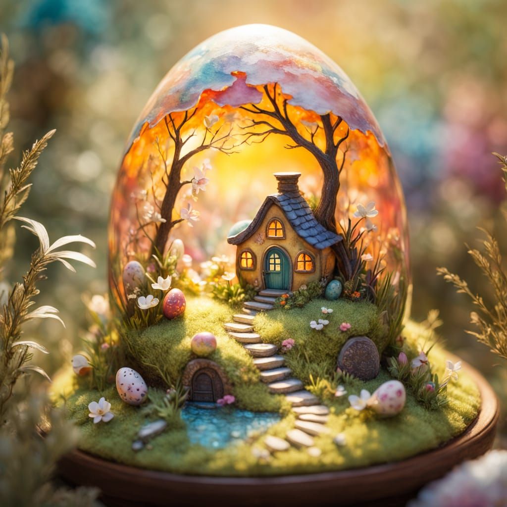 Miniature Whimsical Easter Egg Scene in Oil Painting Style