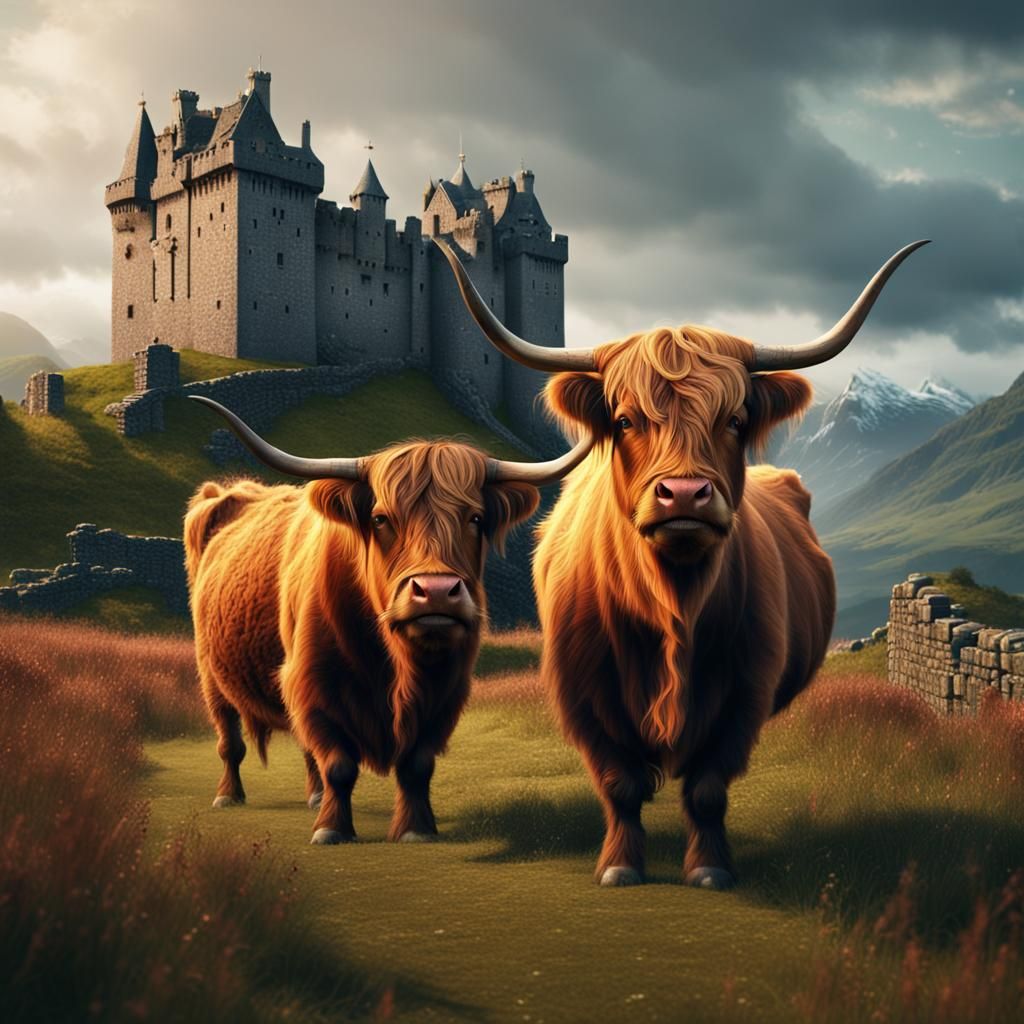 Two highland cows and a medieval Scottish castle - AI Generated Artwork ...