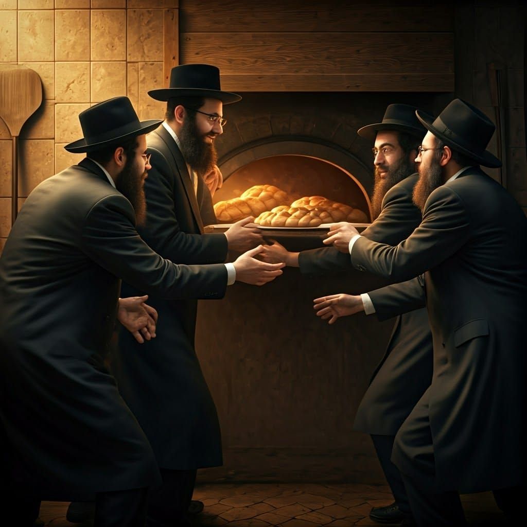 Haredi Men Celebrate Challah Bread in Vibrant Hyperrealistic...