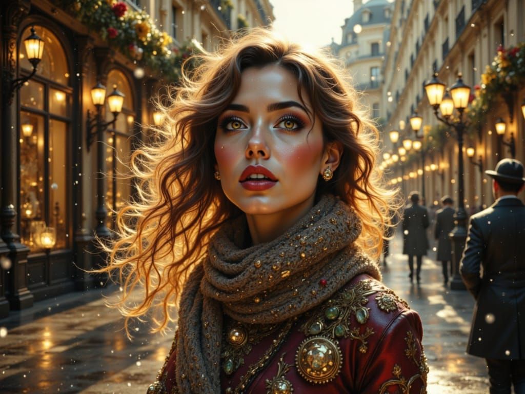 Surprised Woman in Festive Paris Street