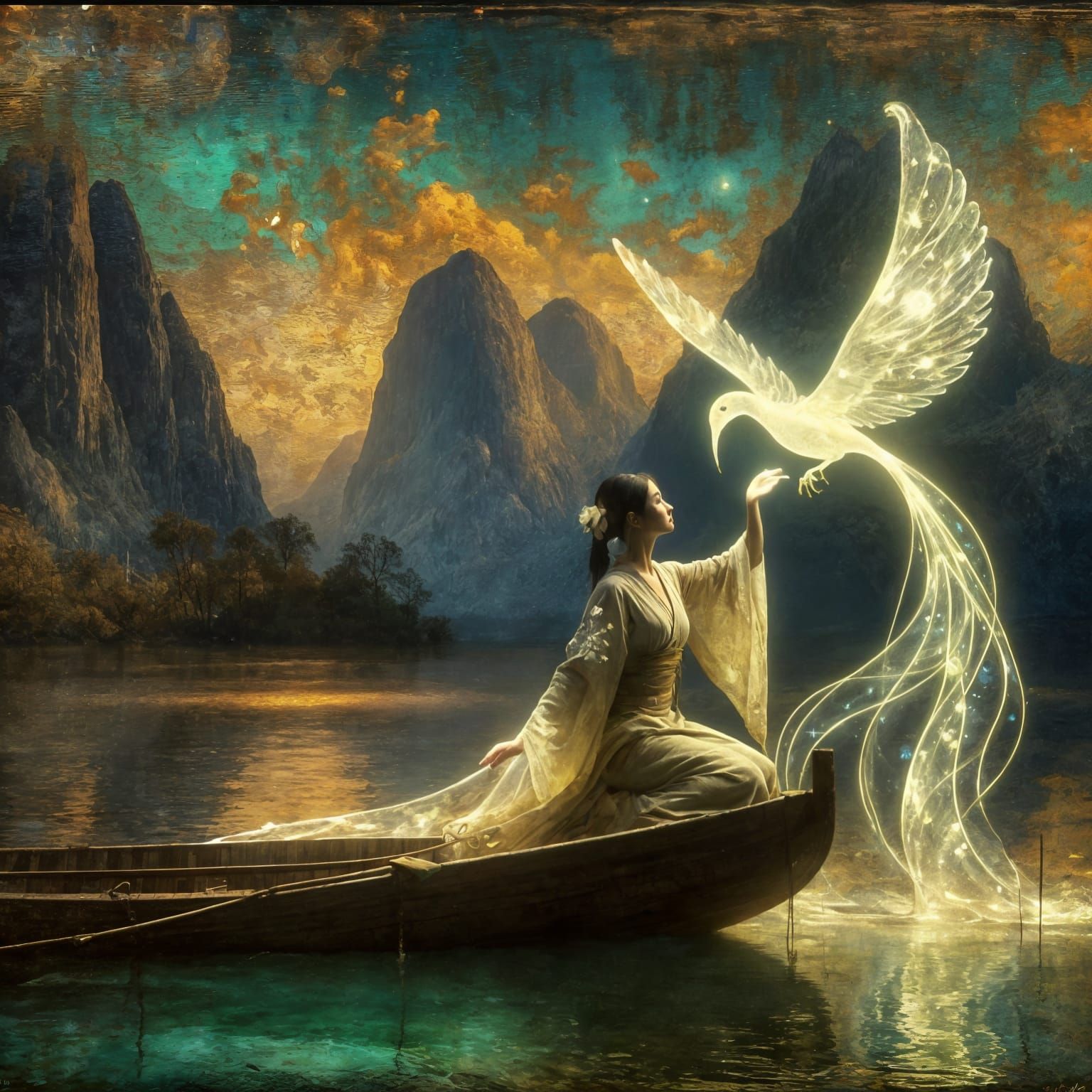 "Oil painting, grunge texture, vintage canvas art of Japanese beauty kneeling in a boat in a lake with a translucent bioluminescent bird per...