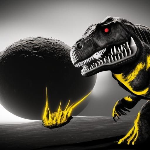 black white and yellow, t rex on the moon