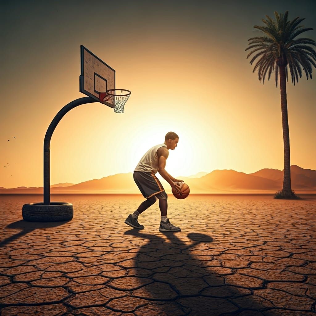 Lone Basketball Player in Desert Sunset