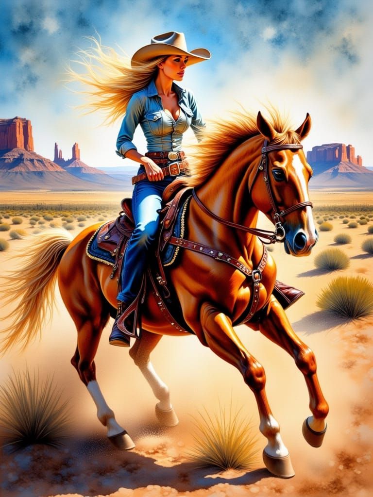 uninhibited gorgeous blonde cowgirl in jeans riding bareback at top speed with body leaning forward on a thoroughbred galloping after distan...