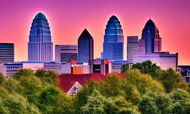 Charlotte NC skyline tiltshifted with tealish purple skys