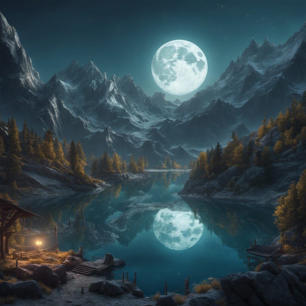 The picturesque mountain lake in the moonlight photorealistic intricately detailed HDR detailed complex ...  by @Mysteri 