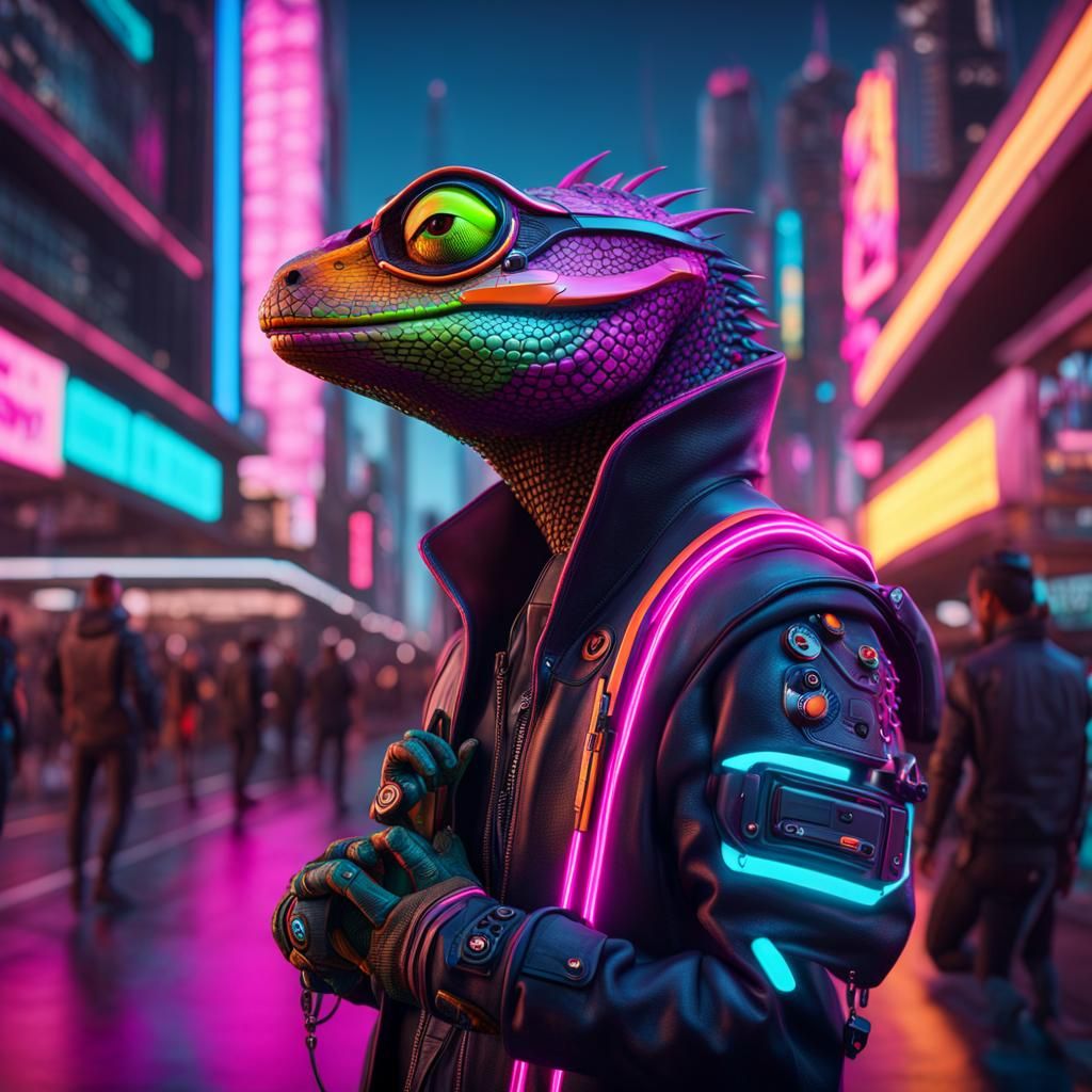 Anthropomorphic lizard in a futuristic city - AI Generated Artwork ...