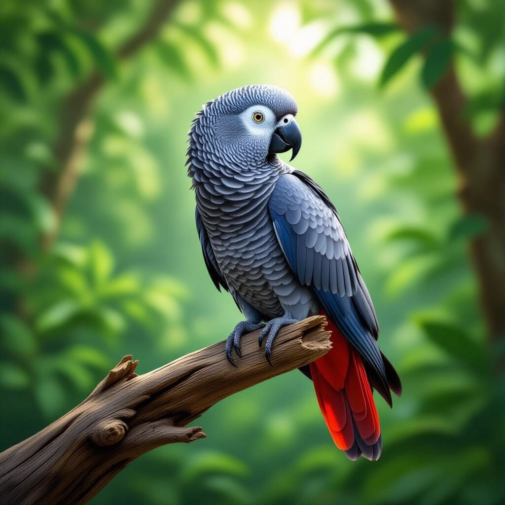 Intelligent African Grey Parrot in Rainforest
