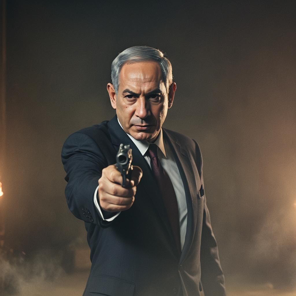 Netanyahu Points Gun: Cinematic Film Still