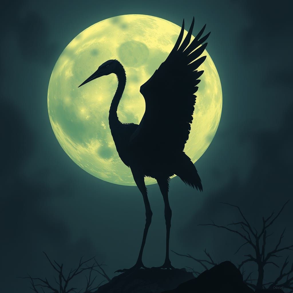 A crane silhouetted in front of a big bright moon  by @HermioneSheHulkNinja