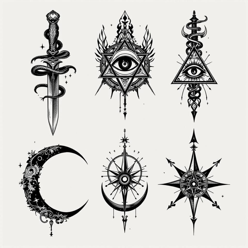 A flash tattoo sheet featuring a series of mystical, occult-inspired designs rendered in bold, black ...  by @MythsCreator