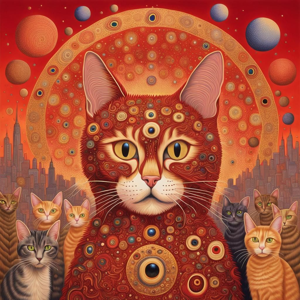 Cat's mystical perception, darkness and complexity transformed, harmony in interconnectedness, merging with nature's elements, soft color pa...