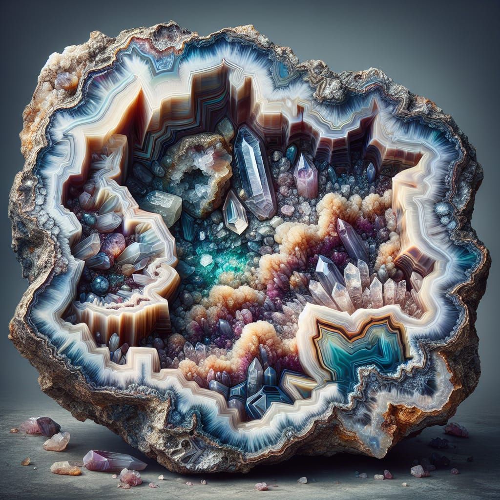 A huge geode with large fabulous multi-colored crystals insi...