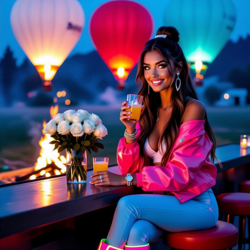A beautiful brunette sits at the bar in the fog. Her long, straight hair is pinned up with a diamond clip. She smiles, and her large blue ey...