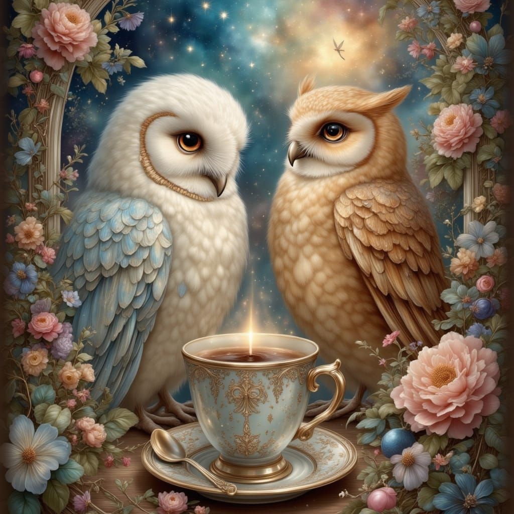 Surreal Owls Perched Near Cosmic Coffee Landscape