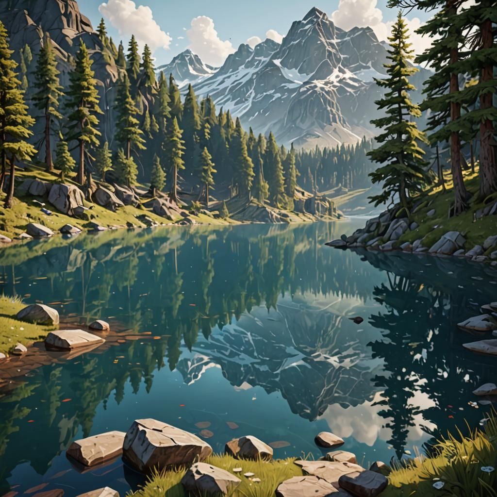 Paint-by-numbers kit featuring a peaceful mountain lake