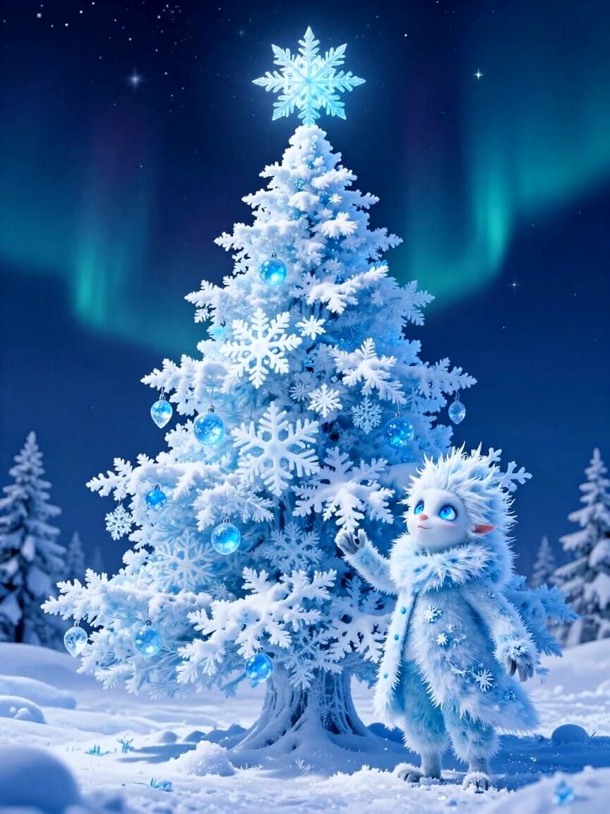 Jack Frost builds a Christmas tree out of snowflakes 🎄❄️ A mischievous Jack Frost, with icy blue eyes ...  by @Hugo Raul