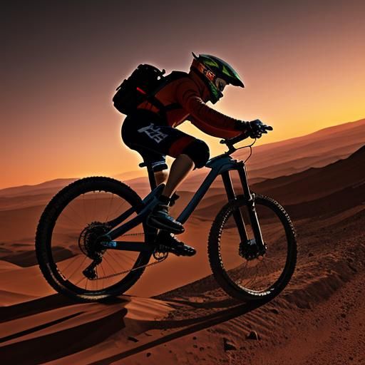 Mountain biker launches at sunset on mars