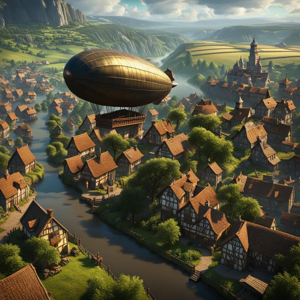 Early airship Over European Village