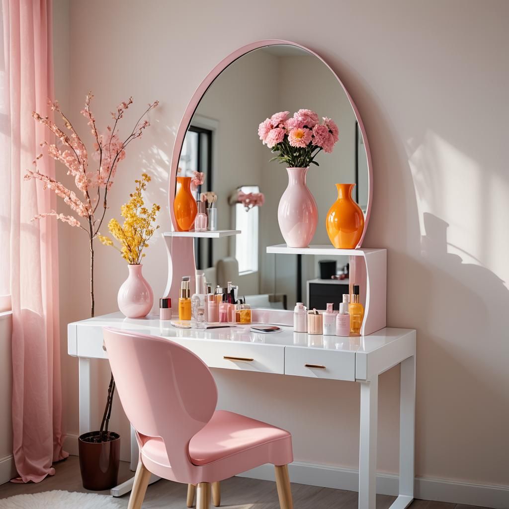Modern Pink Plastic Vanity with Mirror and Chair