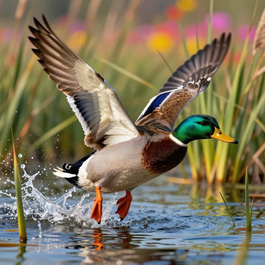 A mallard duck flies into the marsh, which is surrounded by reeds   by @Queen Coleen