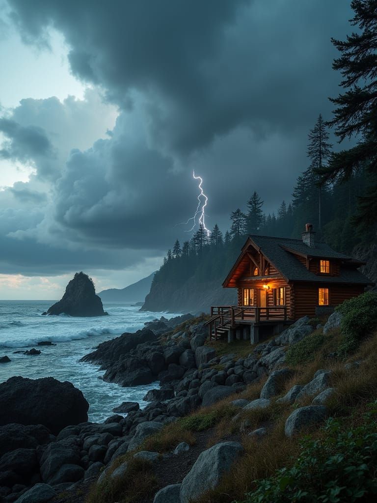 A large elaborate Rustic log cabin with massive beams supporting a wraparound porch, warm lighting, sitting in the tall cedar and evergreen ...