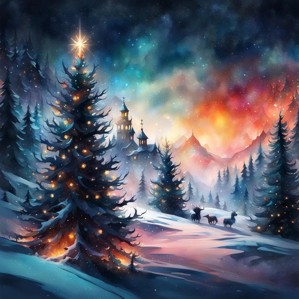Fantasy Christmas Double Exposure Watercolor Art