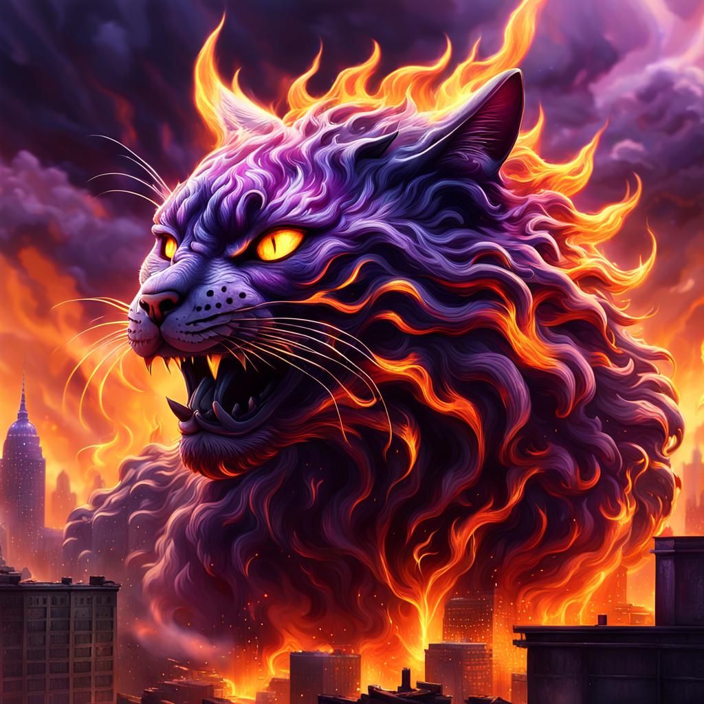 Inferno Art: Fiery Cat Engulfs Cityscape