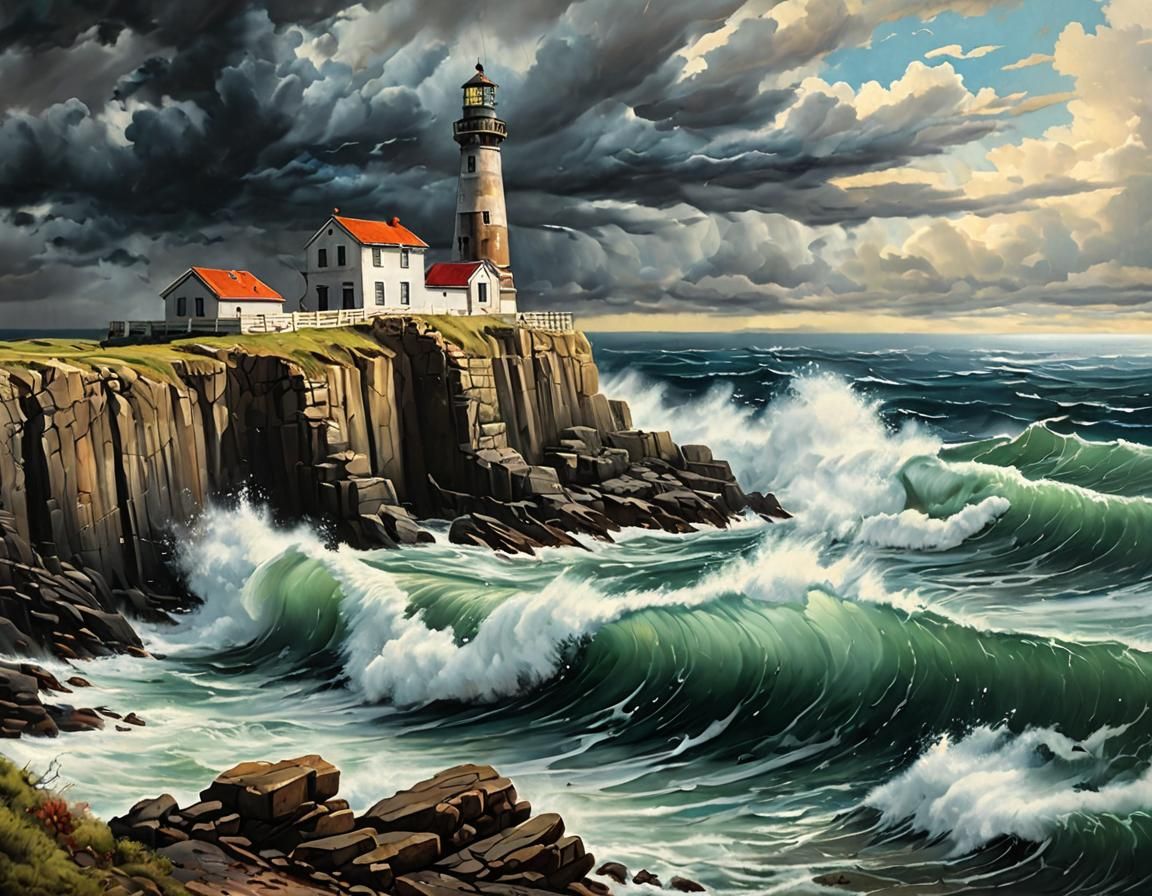 Oil Painting, A crumbling, deserted lighthouse on a rocky Atlantic coast, waves crashing below and dark, puffy clouds looming overhead
