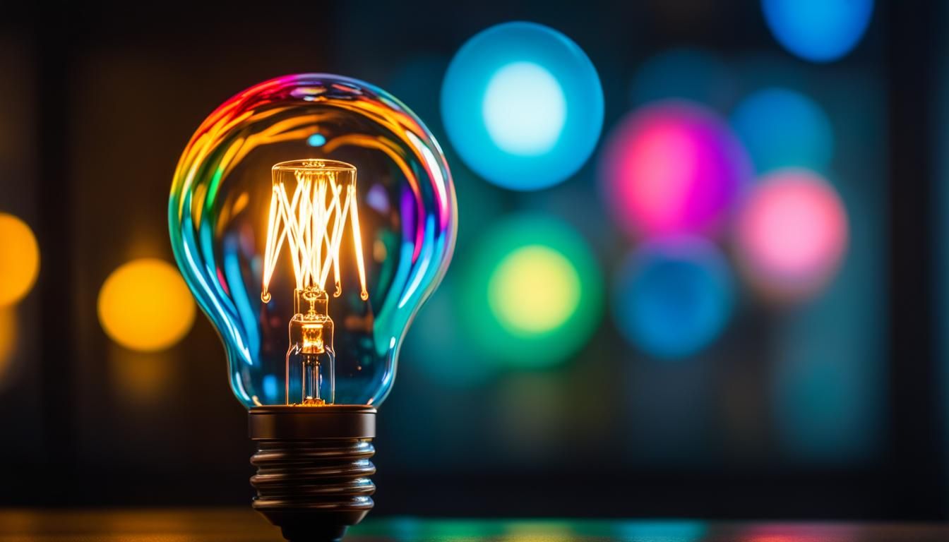 a colorful glowing idea bulb lamp, visualization of brainsto...