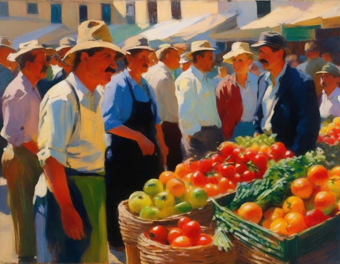 Colorful Fruit Market in Post-Impressionistic Oil Painting