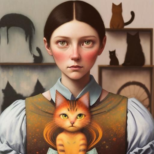 A dreamlike woman-cat in art brut style by Andy Kehoe, Benja...