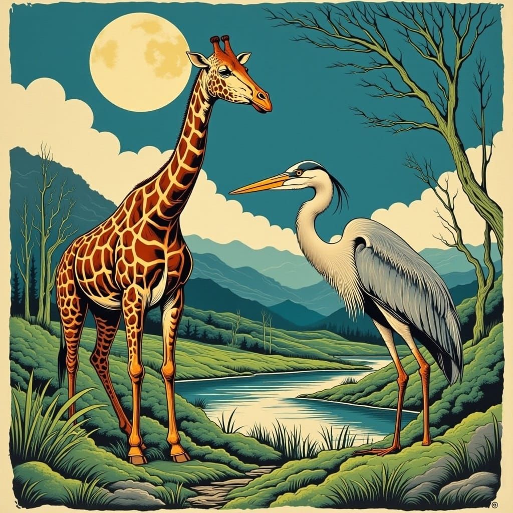 Giraffe and Heron