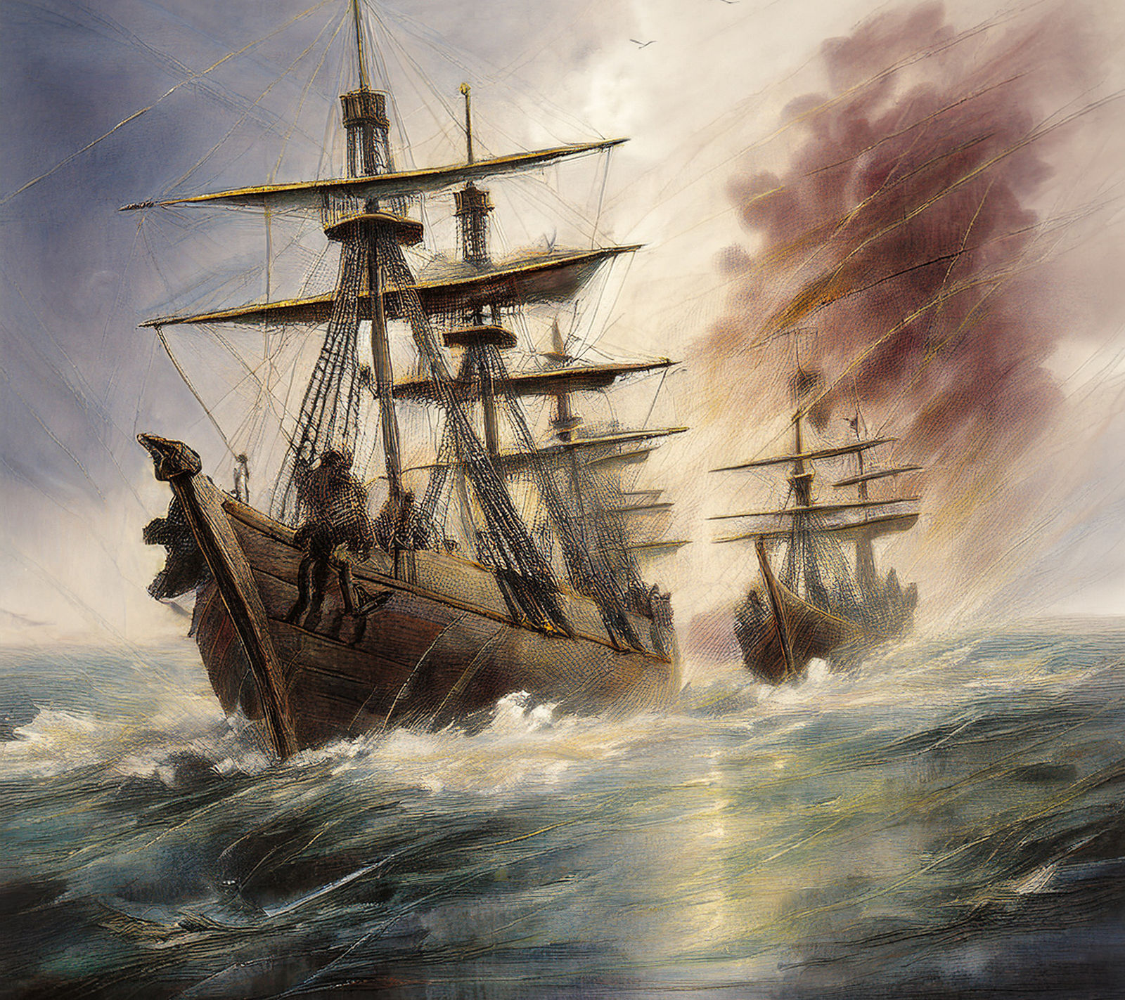 Watercolor of the Battle of Chesapeake Bay