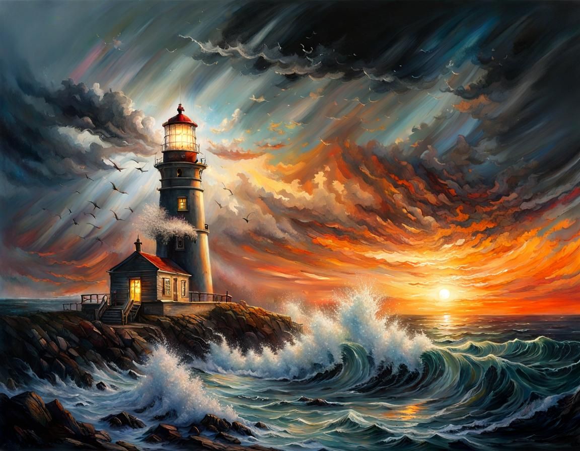 Perfect Landscape of Lighthouse at Sunset With Large Crashing Waves and Dark Dramatic Sky-AR4x3-3096...... ...  by @Don1944