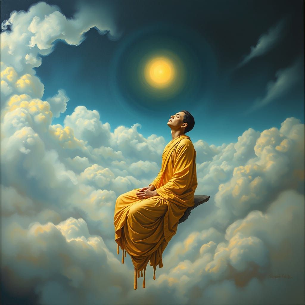 Golden-Robed Subhuti in Surreal Landscape