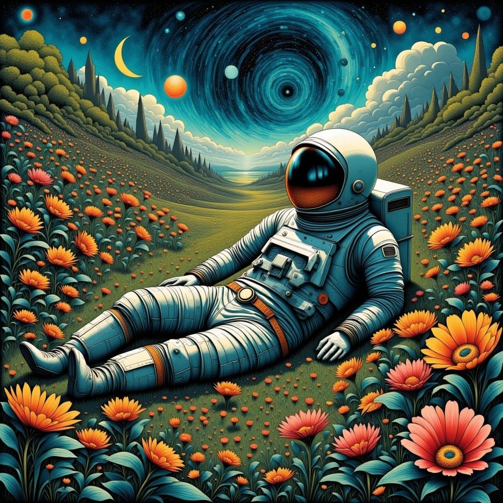 <lora:Deco-Detail:1.0> An astronaut lying in a garden of flowers. The universe is reflected in the visor.