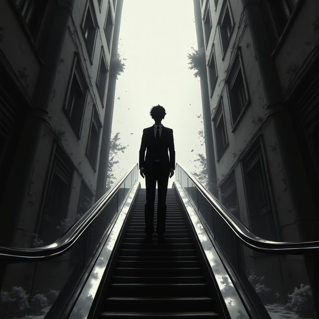 <lora:Alfred Glitchcock:1.0> escalator to heaven in the style of Alfred Glitchcock
