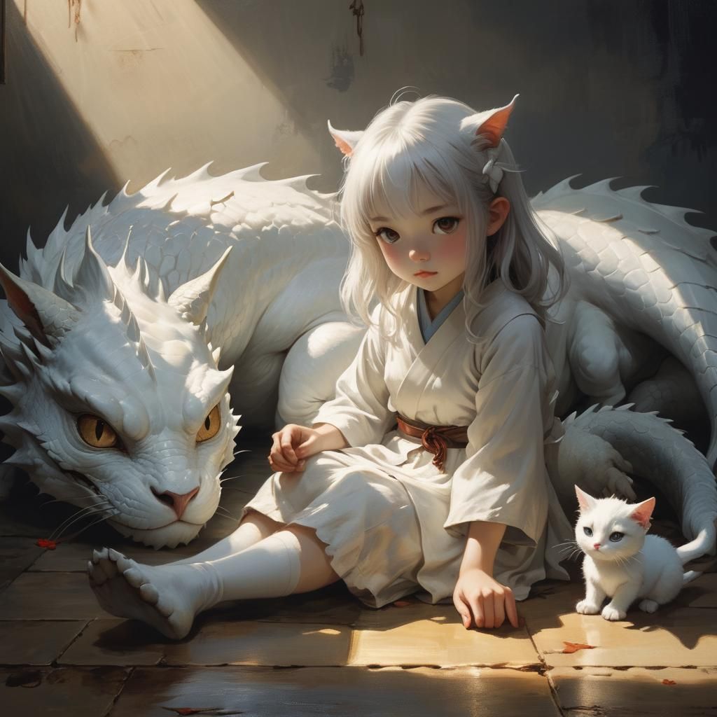 Little girl sitting on the floor next to a dragon, a picture, by