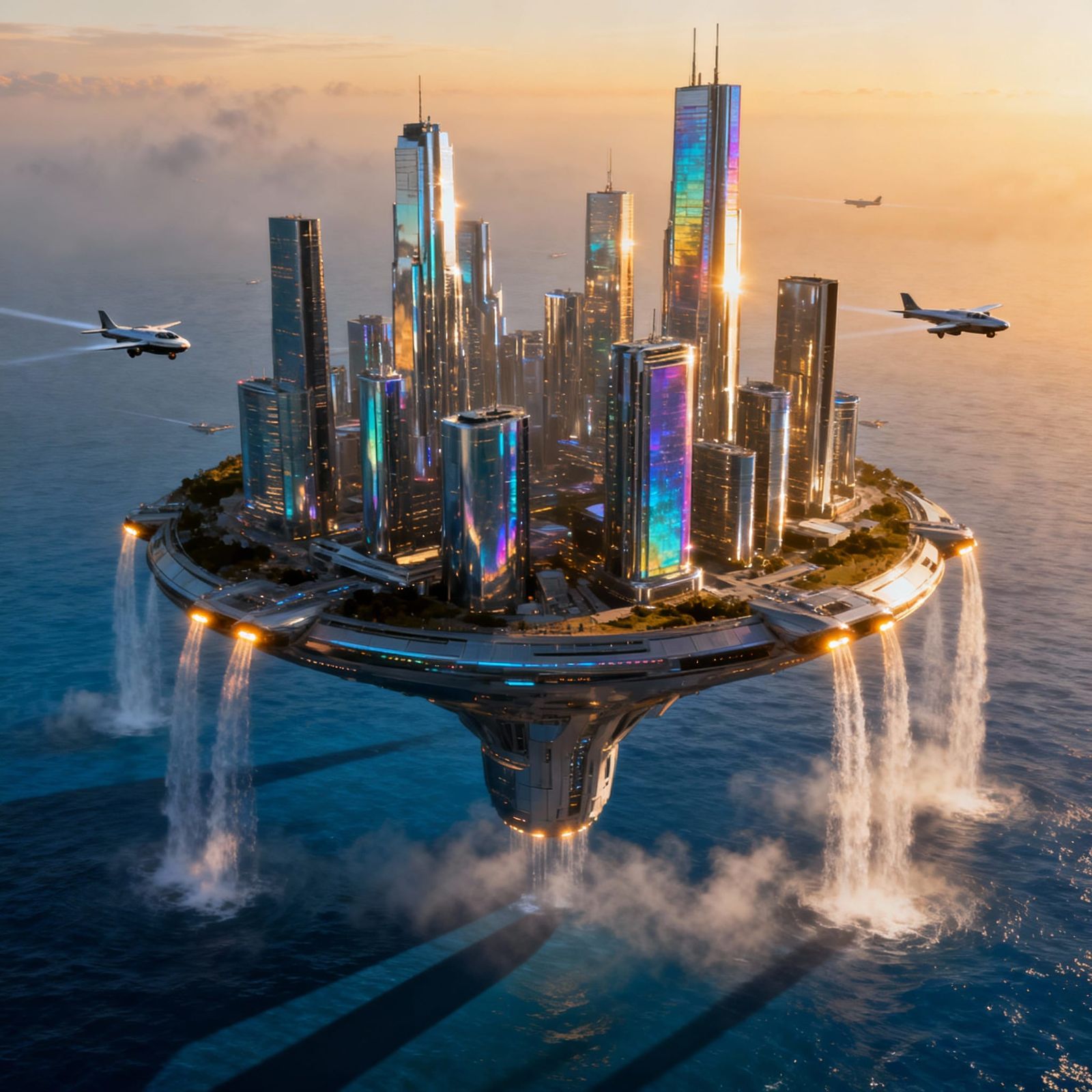 Futuristic Floating City Sprinkling Ocean at Sunset