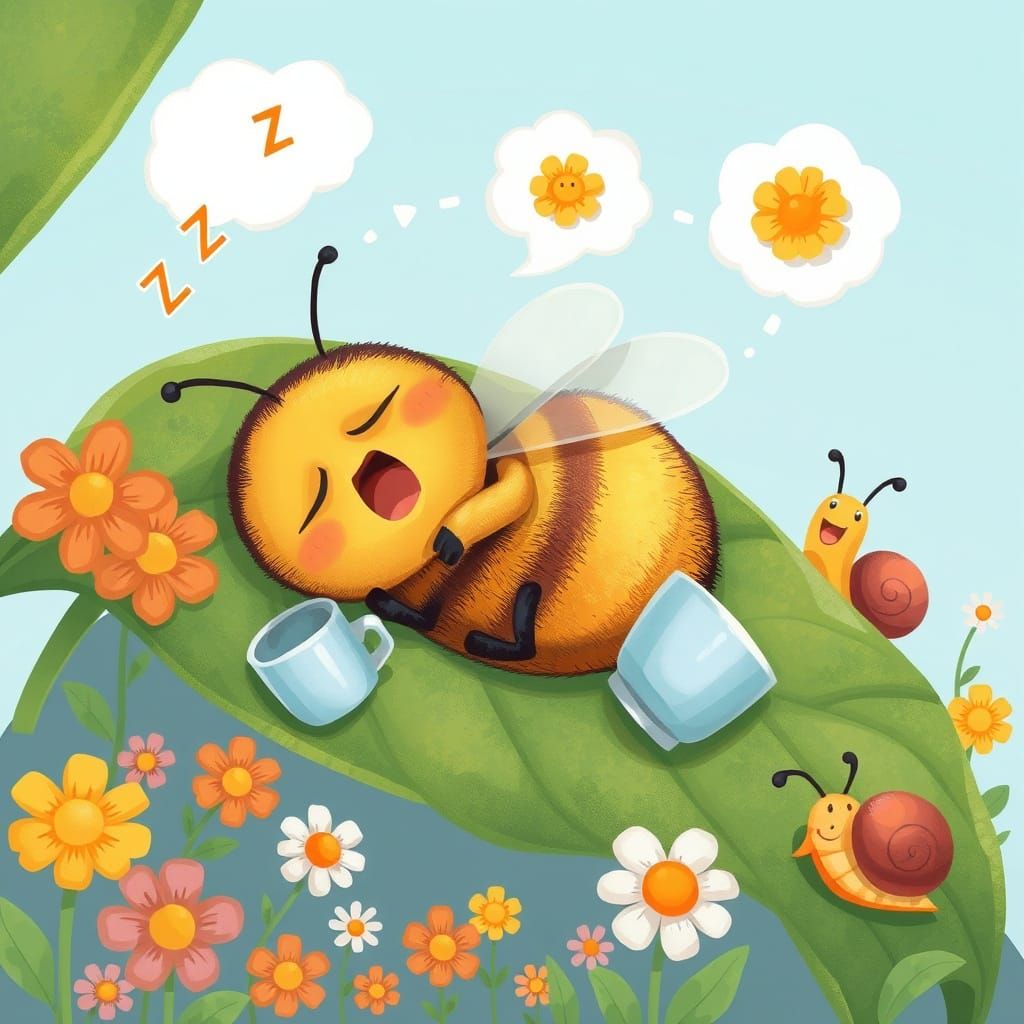 Sleepy Bee's Cartoon Dream on a Leaf