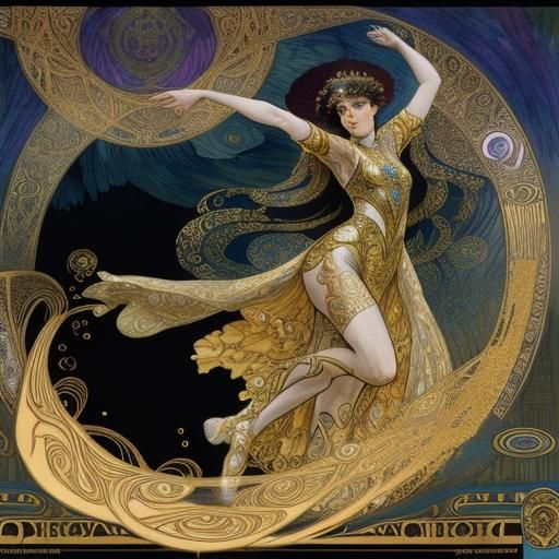 a dancer poised on one foot, costume flowing around alfons mucha klimt art deco art nouveau fractal curves Epic cinematic brilliant stunning...