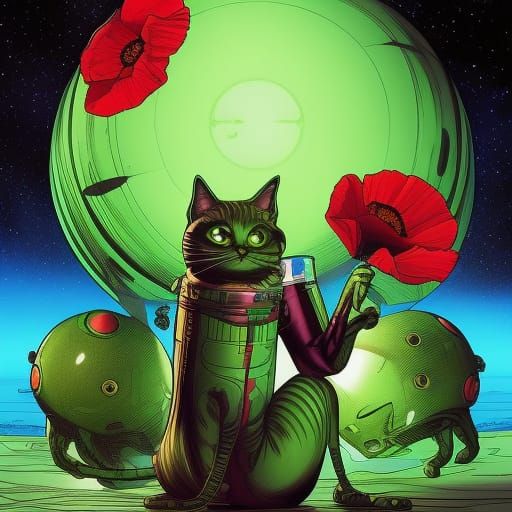 Green alien cat 
astronauts with Space X drinking cups of co...