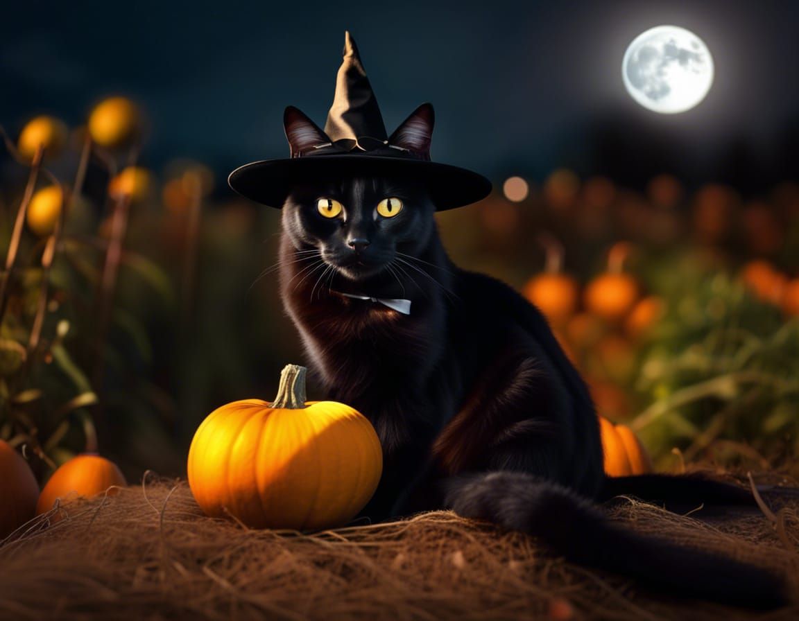 wide yellow eyed cute black cat  witches hat on and bow tie sitting on a pumpkin in a pumpkin patch at night full moon r...