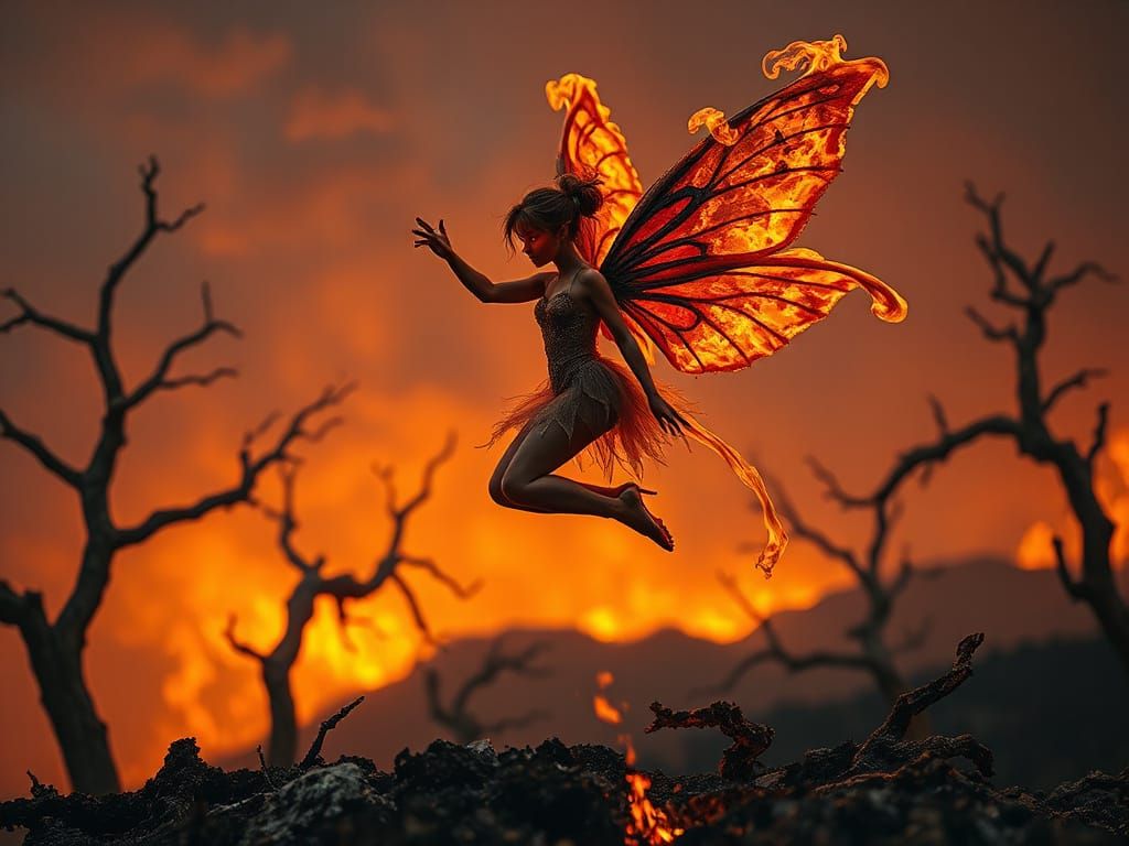 In a charred forest, a fairy made of smoke and ash dances among the skeletal remains of trees, its wings ...  by @Valentine N__a