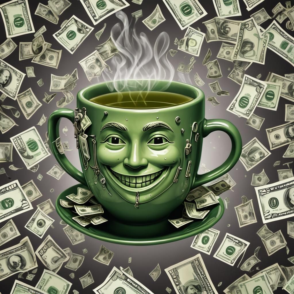 a cute green tea cup with a smiling face on the front. the tea cup has ...