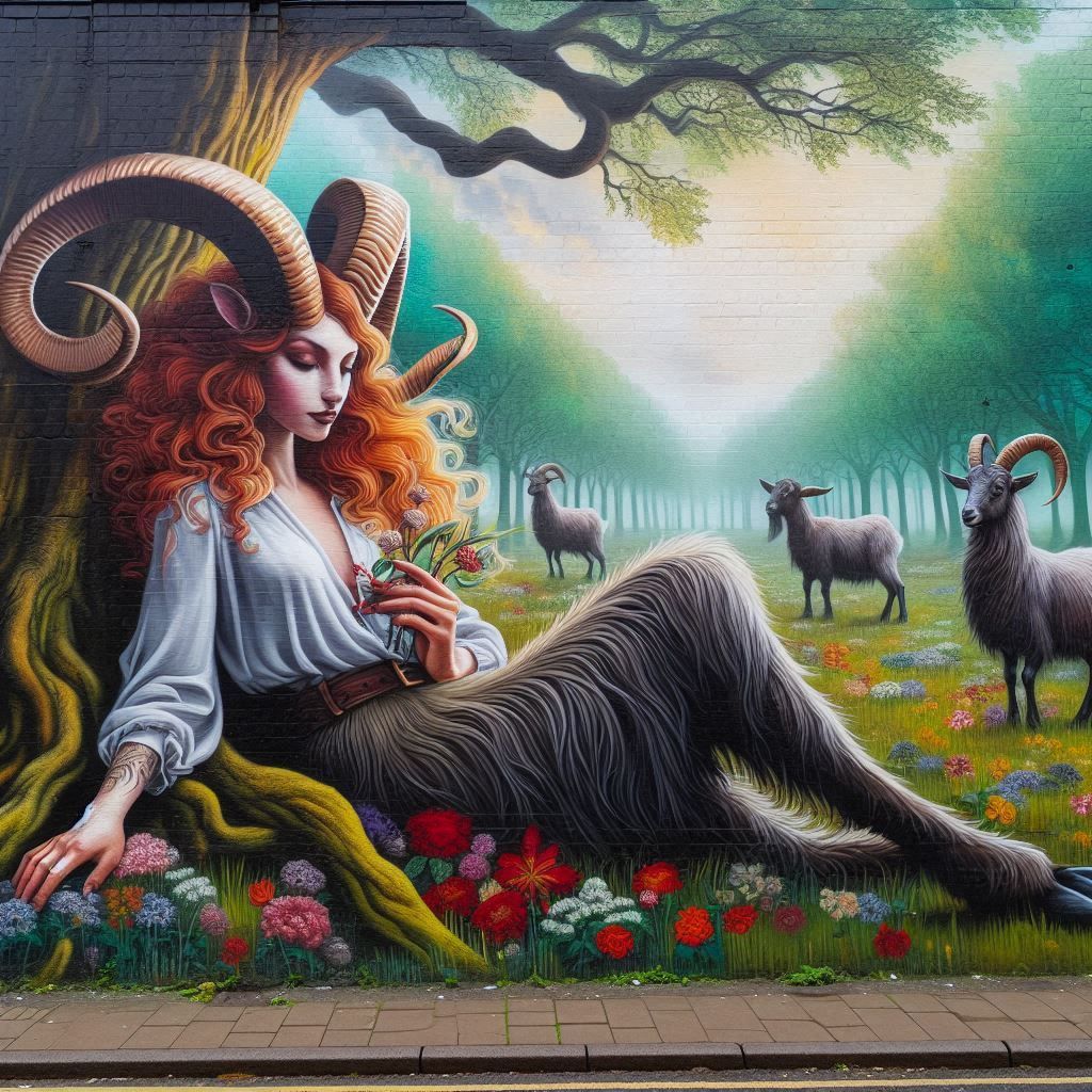 A Satyr rests under a tree in meadow in a realistic painting