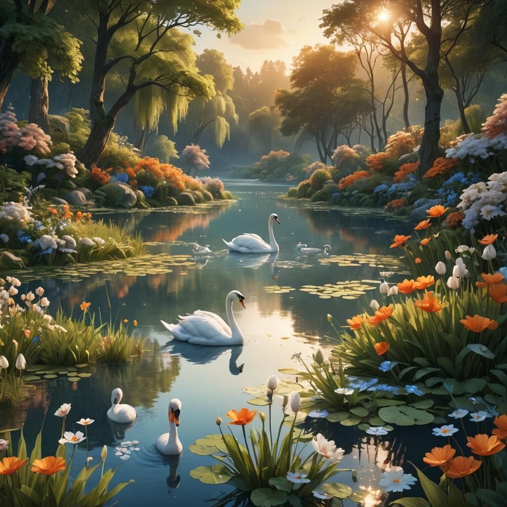 Serene Lake with Swans: A Matte Painting