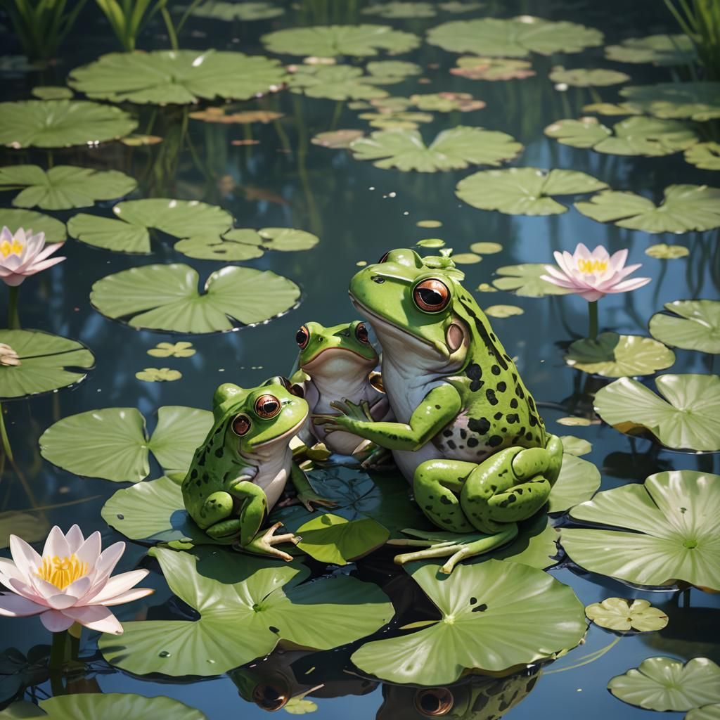 A frog family sitting on lily pads in a pond.