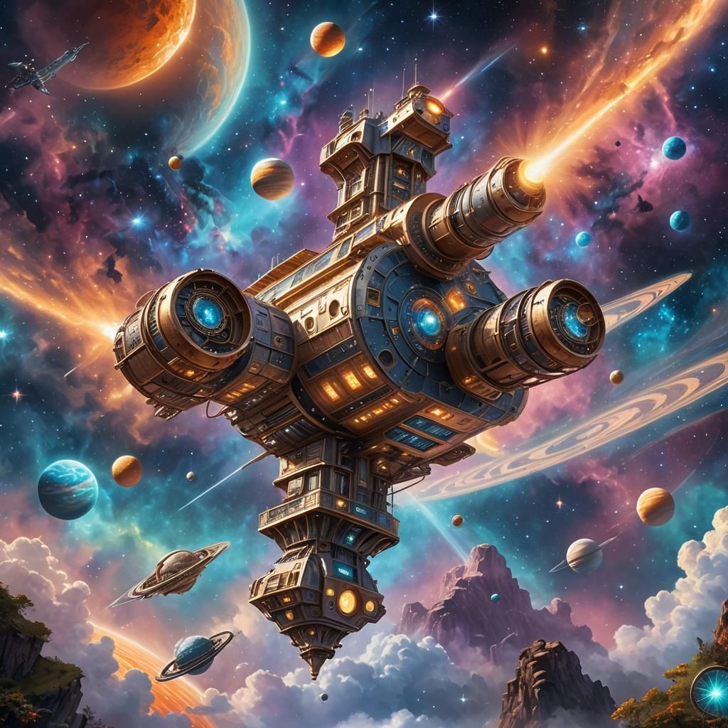 Cylindrical space ship with two external drive pods traversi...